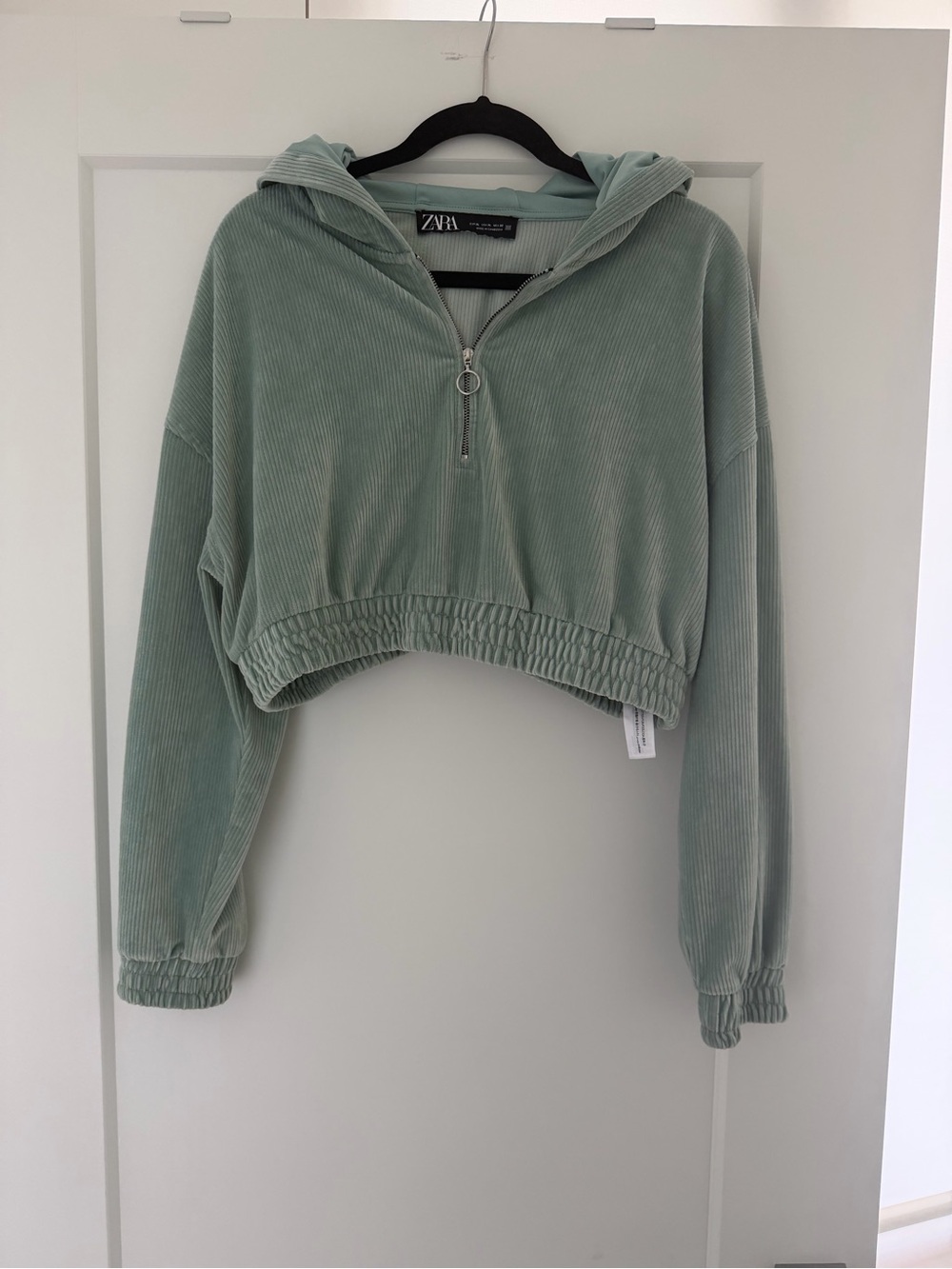 ZARA Sage Green Cropped Corduroy Hoodie